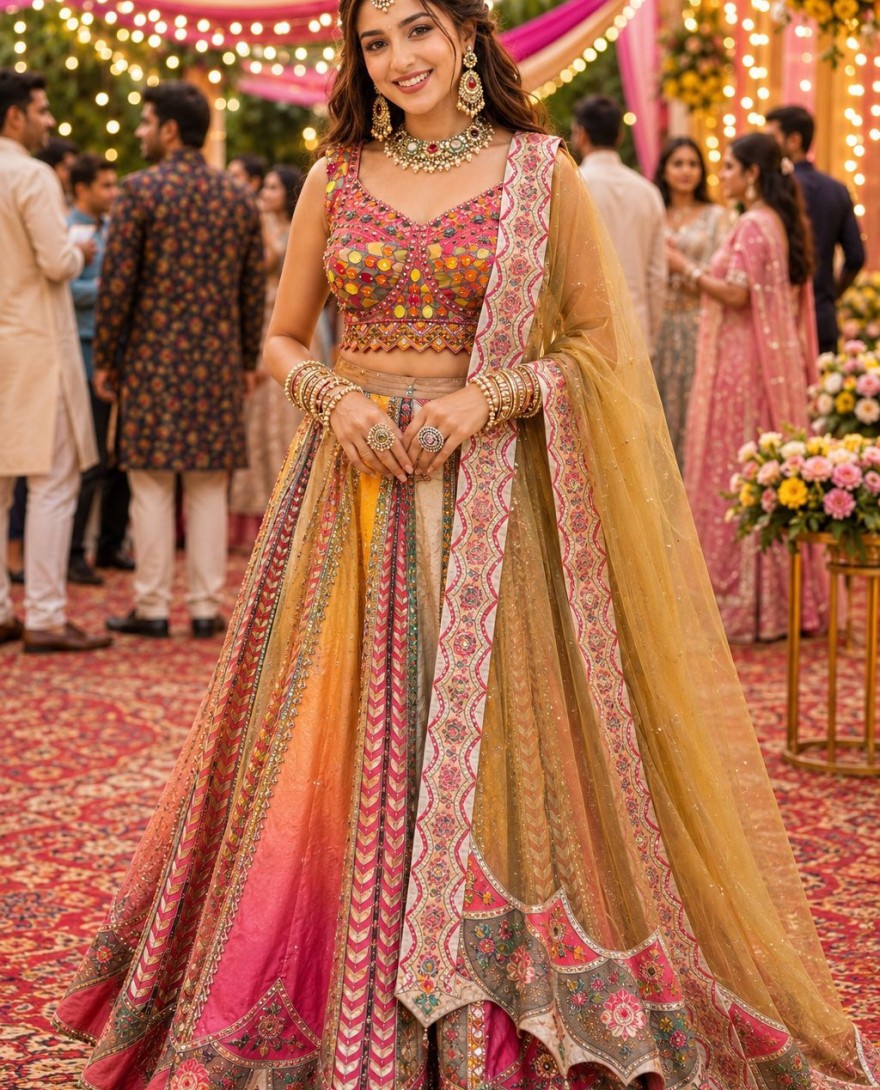 1213 - Multi Colour Tissue Embroidered Work Readymade Lehenga Choli for Engagement